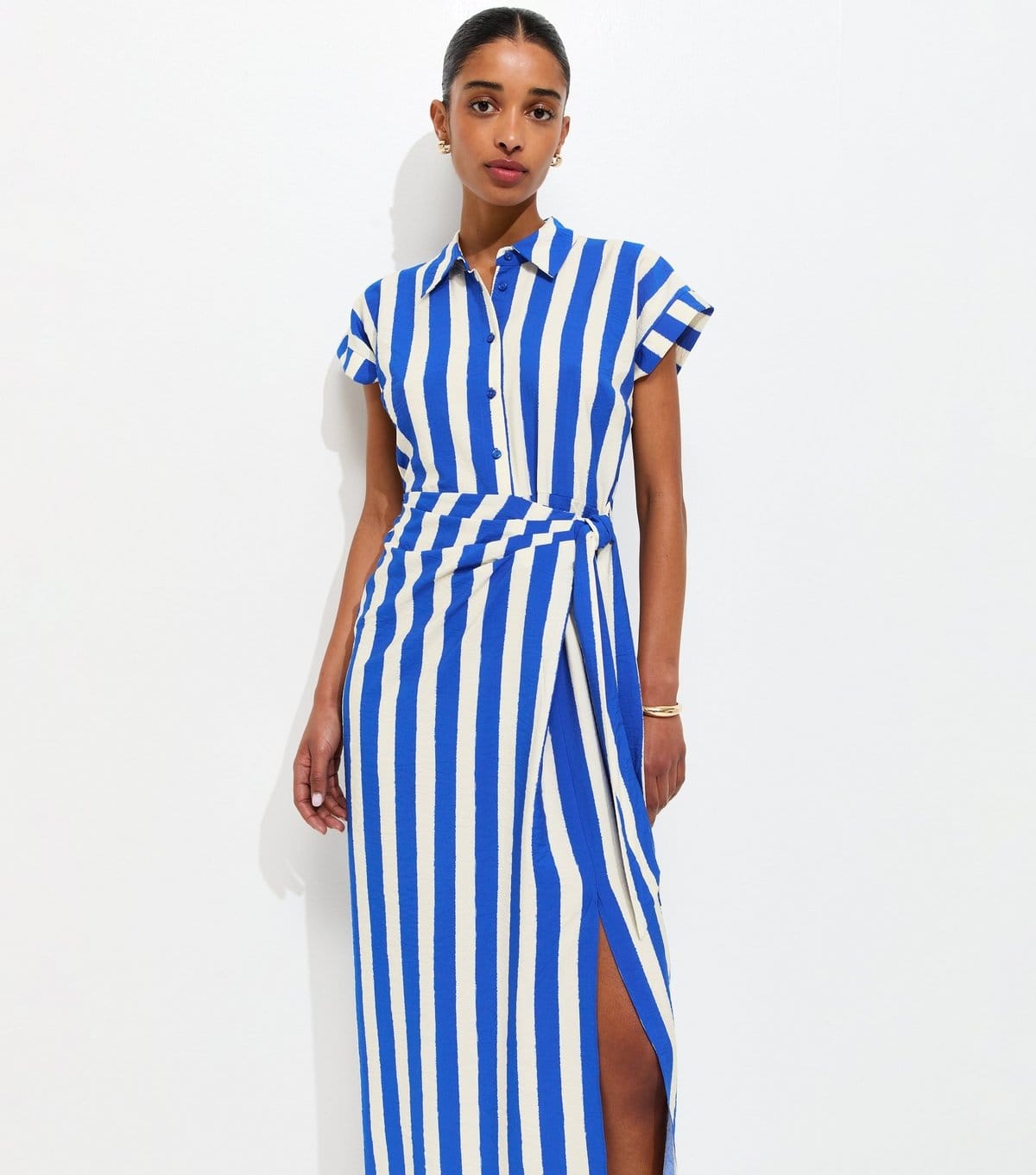 Women's Blue Stripe Tie Waist Midi Shirt Dress New Look