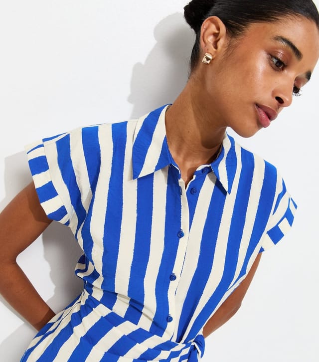 Unknown Women's Blue Stripe Tie Waist Midi Shirt Dress  New Look - 2