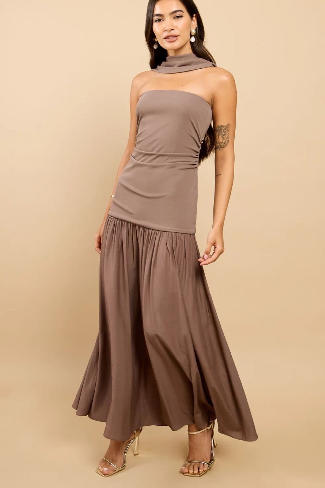 Little Mistress Little Mistress Women's Mink Dropped Waist Maxi Dress in Brown