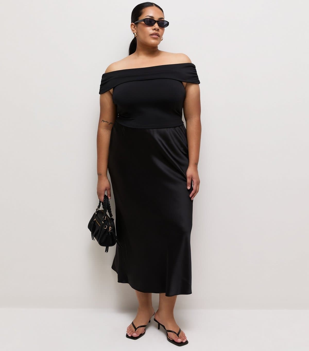 New Look Women's Plus Size Black Satin Bias Cut Midi Skirt Curves New Look