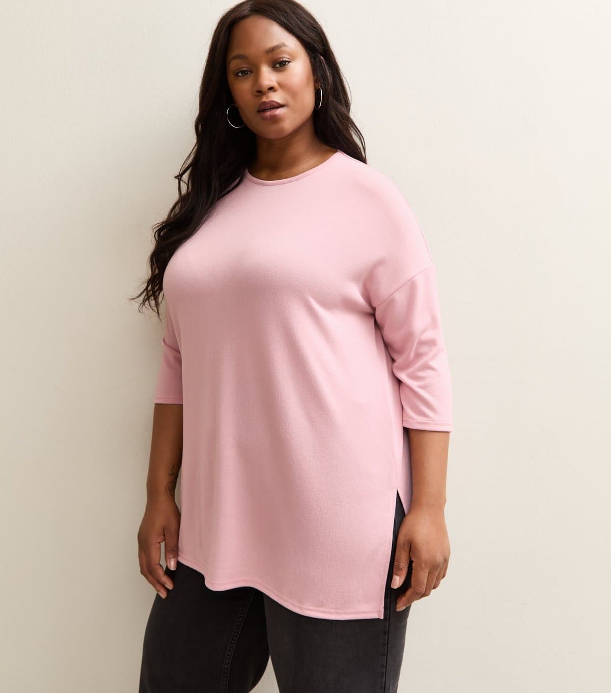 New Look Women's Plus Size Mid Pink Cropped Sleeve Longline Jumper Curves New Look