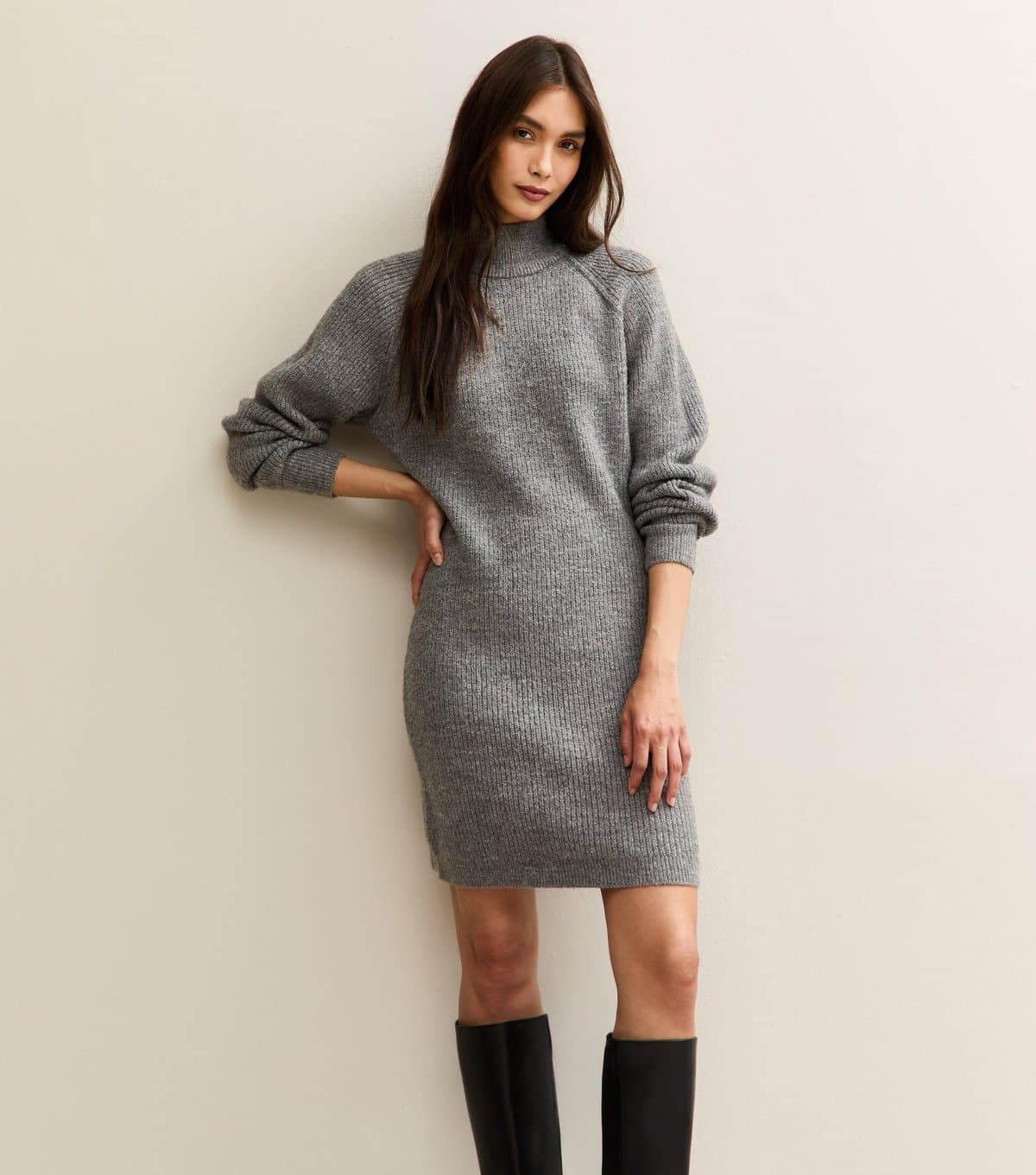 New Look Women's Grey Midweight Knit High Neck Mini Jumper Dress New Look