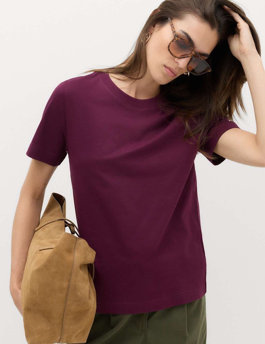 Marks & Spencer M&S Pure Cotton Everyday Crew Neck T-Shirt Dark Mulberry