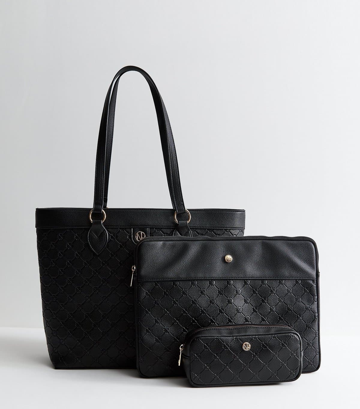 New Look Black Faux Leather Debossed Trio Tote Bag Vegan New Look