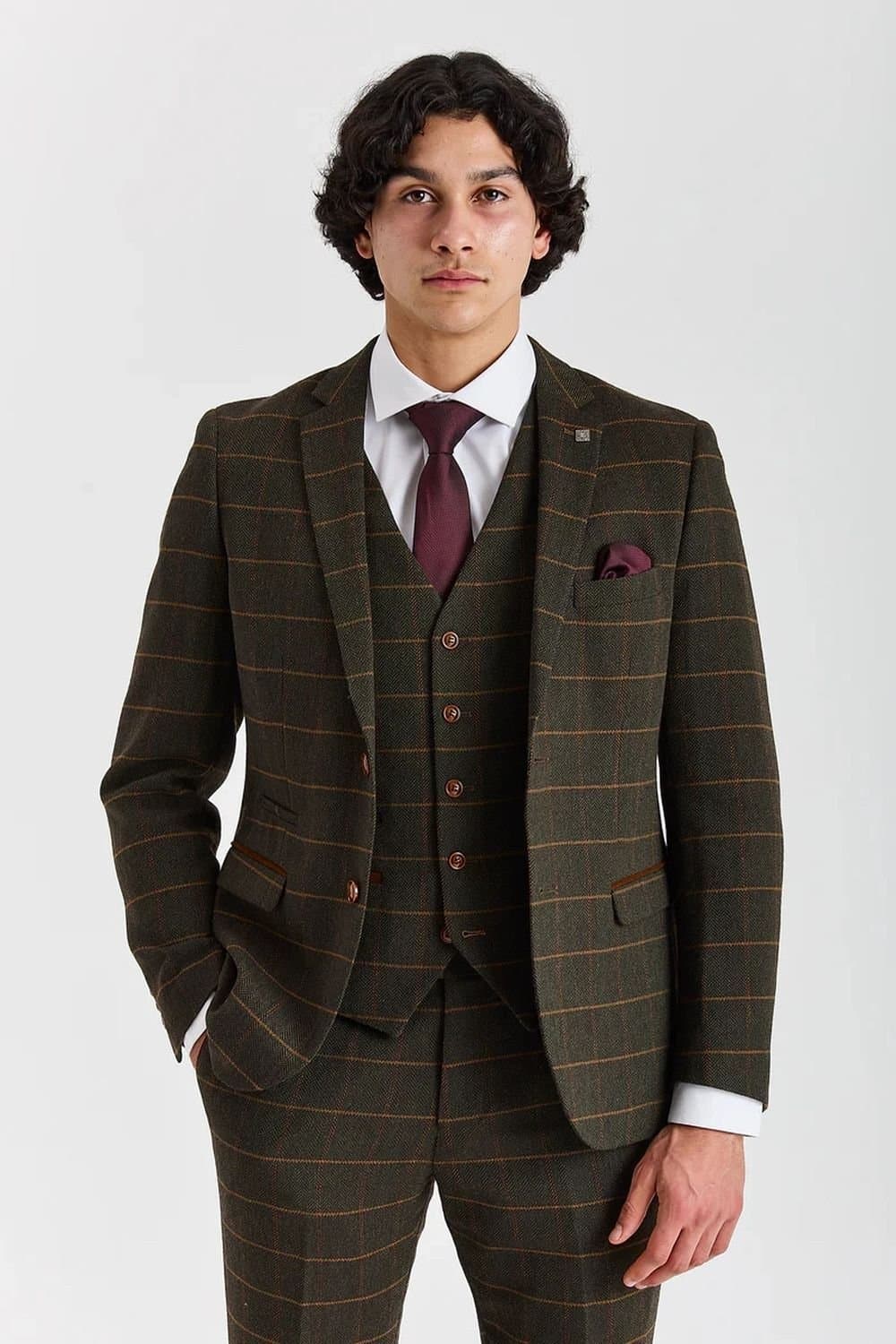 Paul Andrew Paul Andrew Men's 3 Piece Herringbone Check Wool Blend Tweed Suit in Green