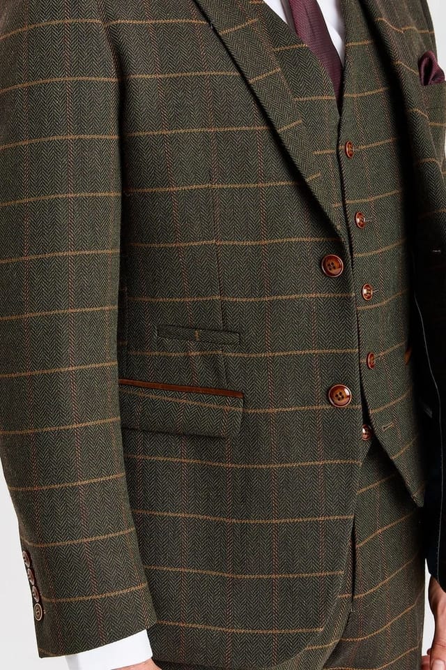 Paul Andrew Paul Andrew Men's 3 Piece Herringbone Check Wool Blend Tweed Suit in Green - 3
