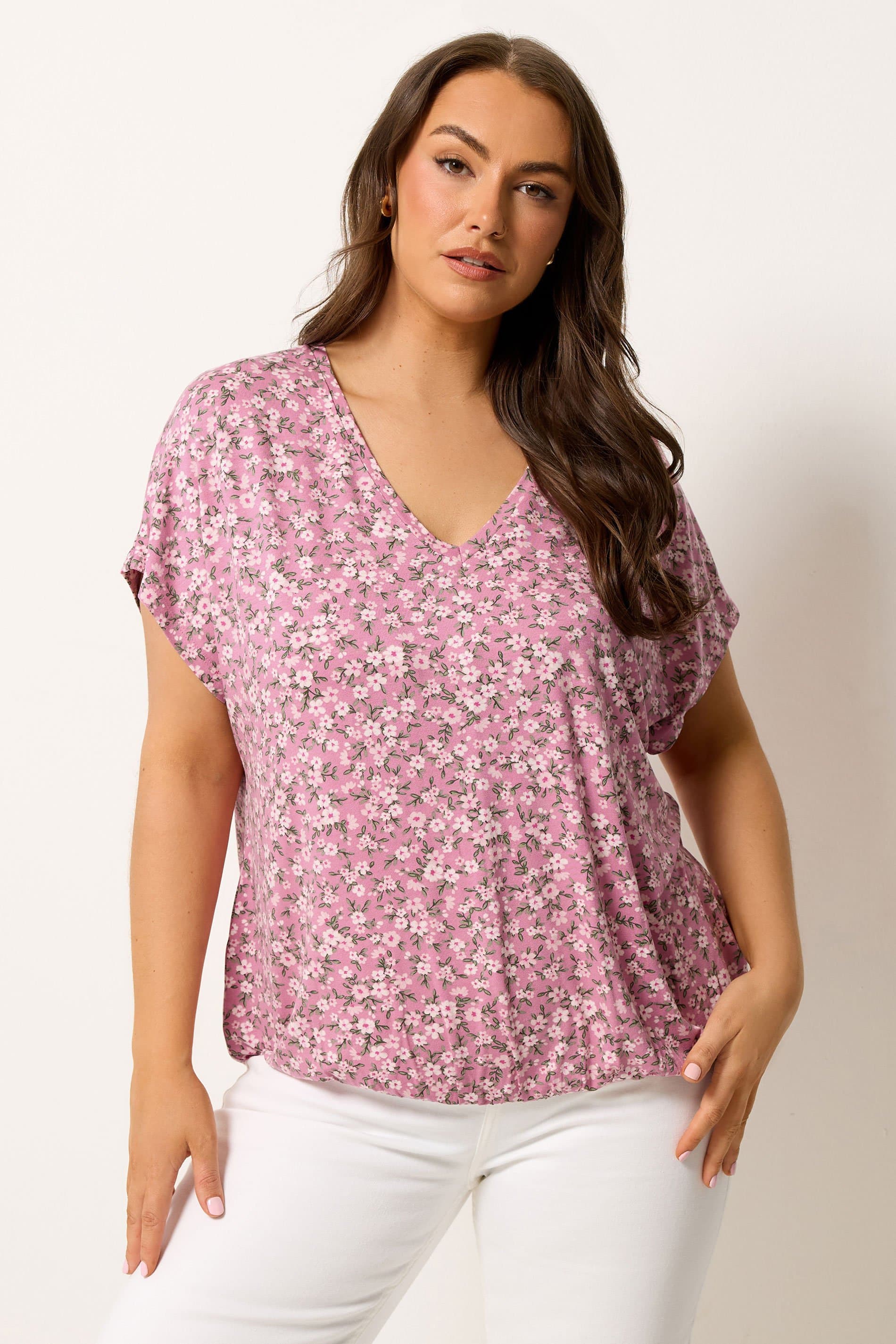 Yours Plus Size Pink Floral Grownon Sleeve Tshirt