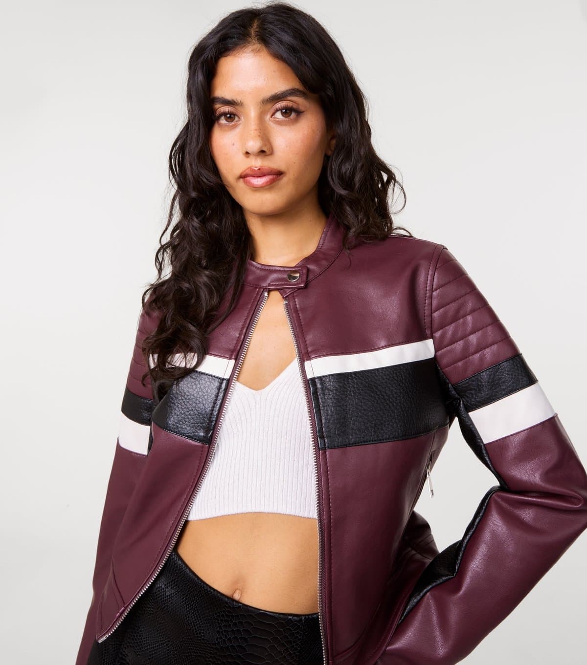 Pink Vanilla Women's Dark Burgundy Faux Leather Motocross Racing Jacket Pink Vanilla New Look