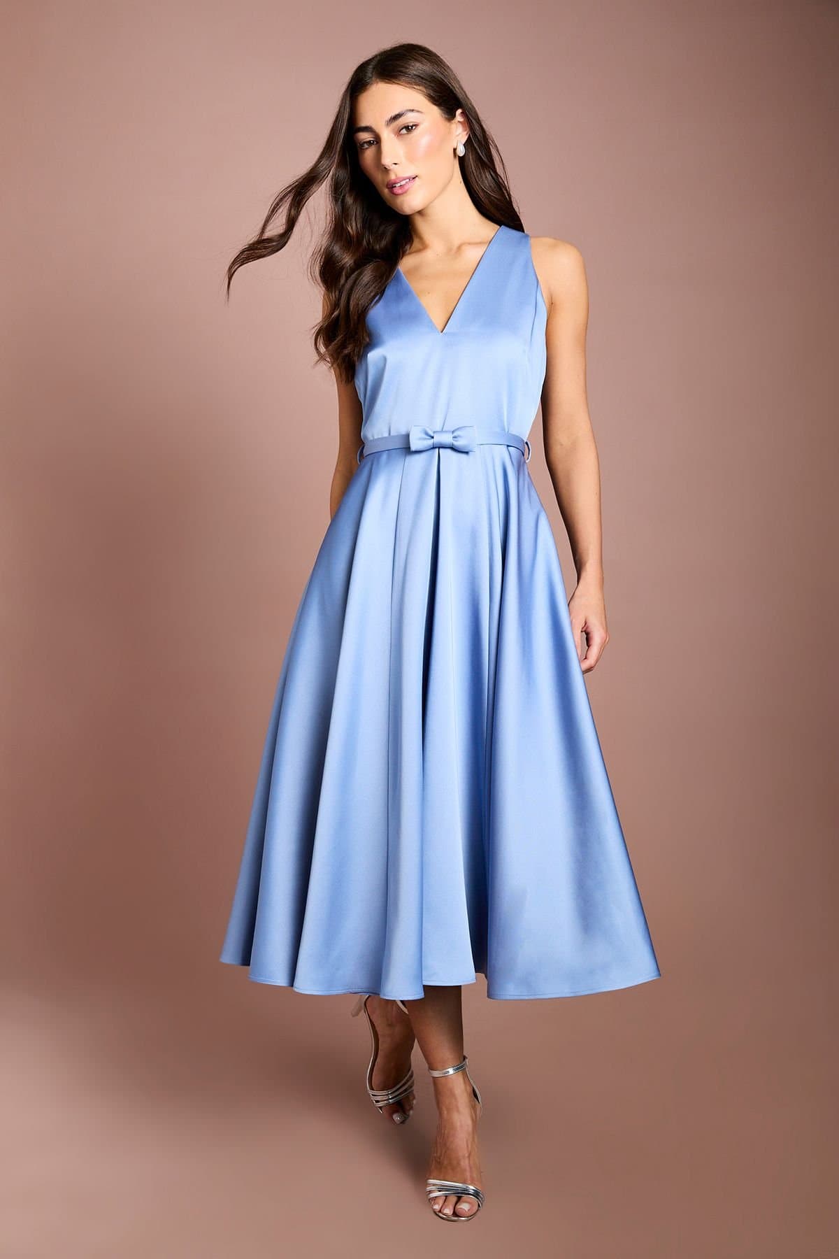 Coast Coast Women's Bow Trim V Neck Volume Skirt Midi Dress in Slate Blue