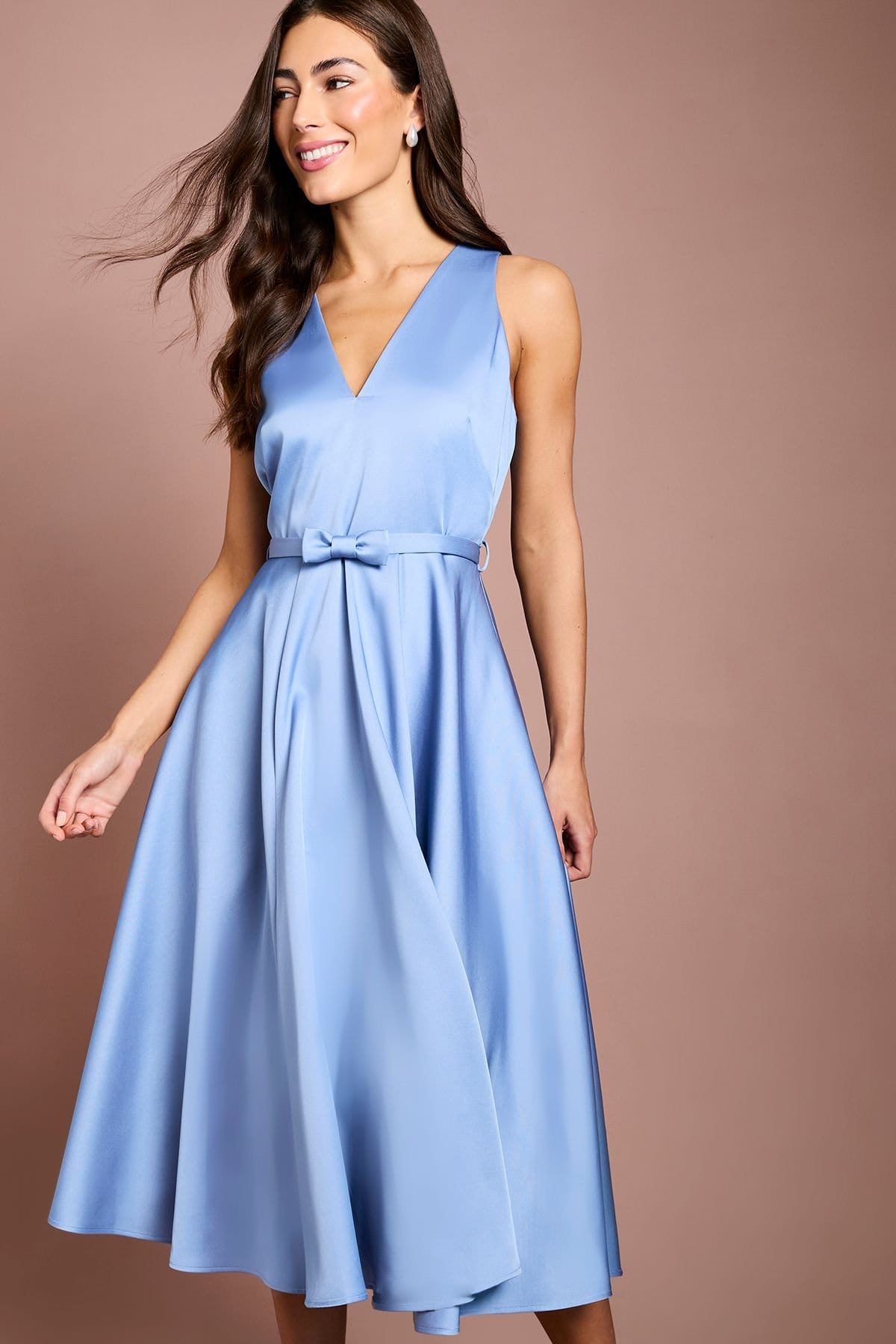 Coast Coast Women's Bow Trim V Neck Volume Skirt Midi Dress in Slate Blue - 4