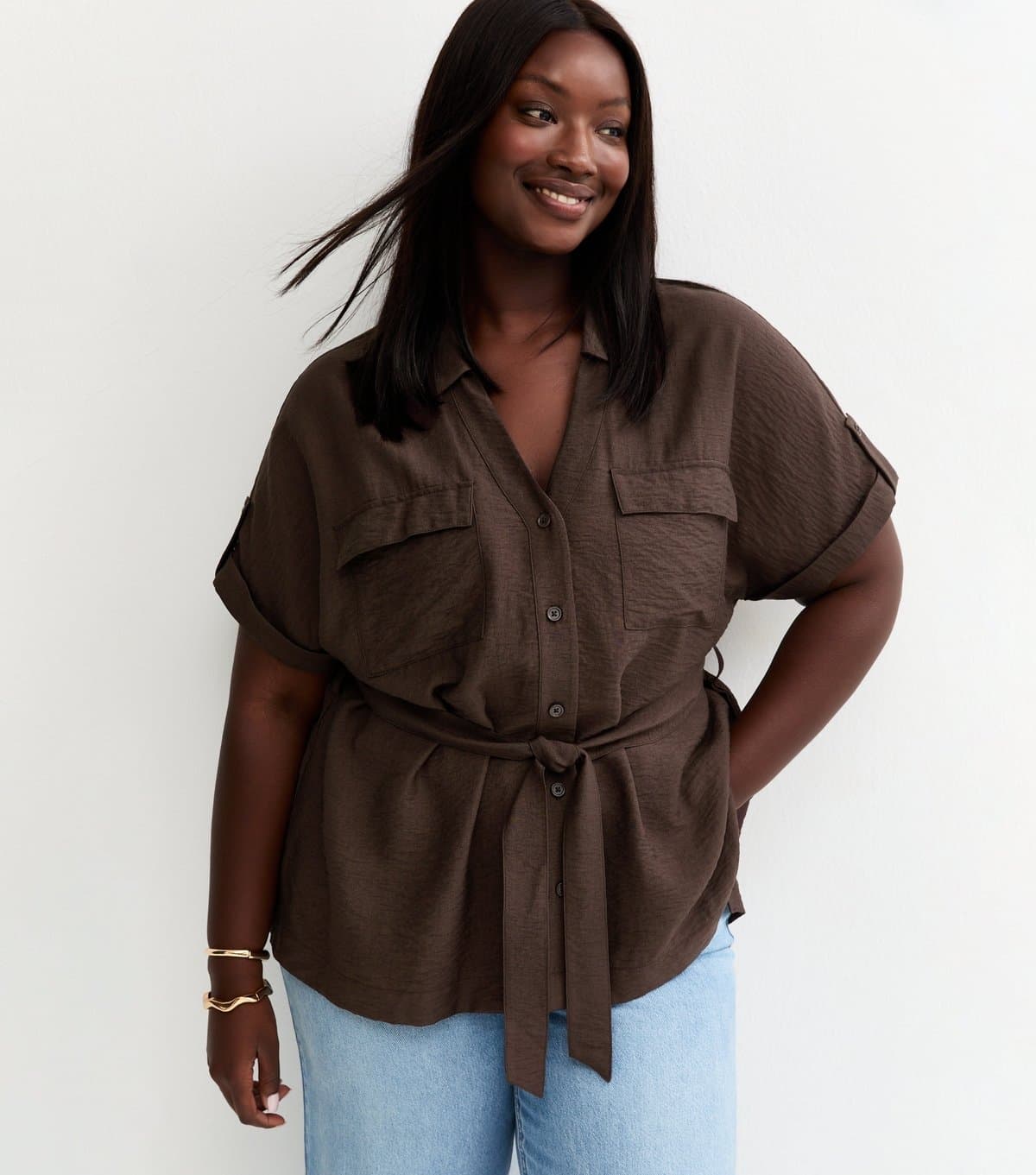 New Look Women's Plus Size Dark Brown Tie Belt Utility Shirt Curves New Look