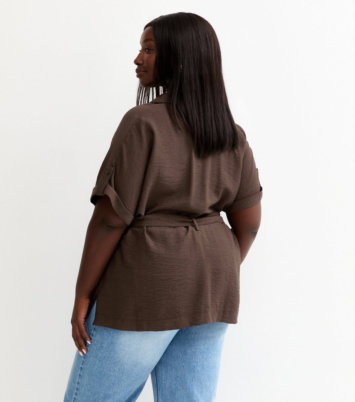 New Look Women's Plus Size Dark Brown Tie Belt Utility Shirt Curves New Look - 4