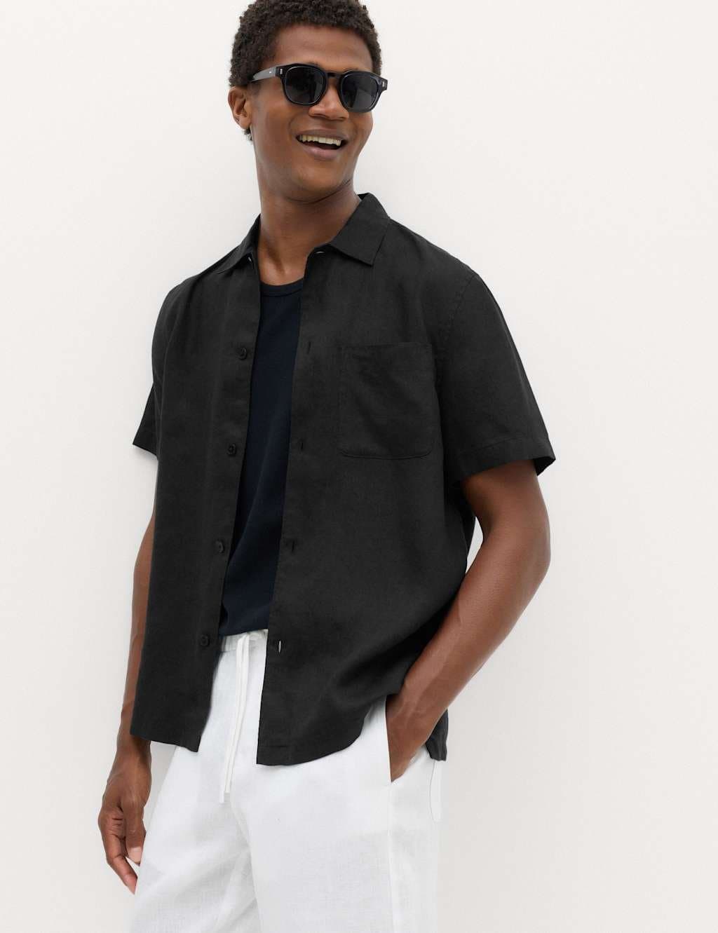 Marks & Spencer M&S Pure Linen Short Sleeve Shirt Black