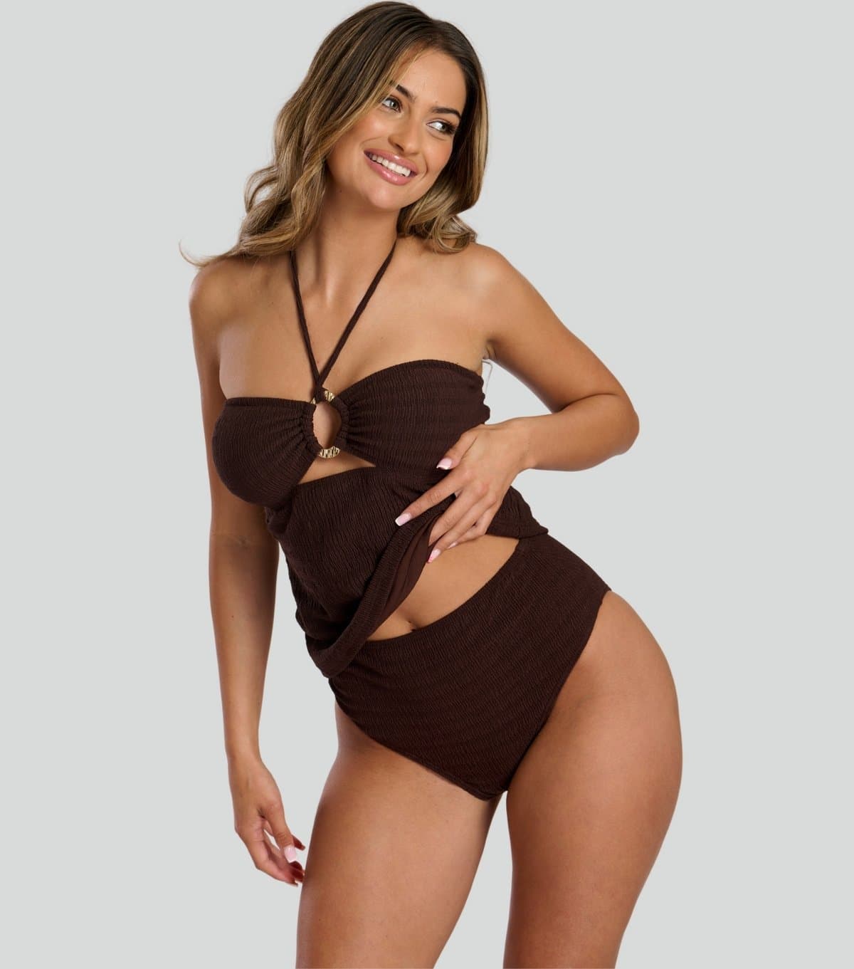 South Beach South Beach Dark Brown Textured Halter Tankini Top