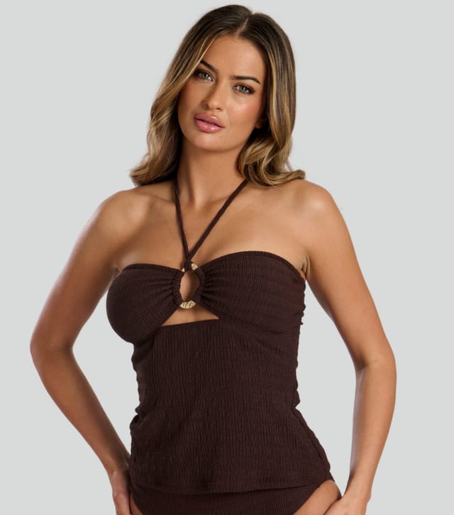 South Beach Women's Dark Brown Textured Ring Detail Tankini Top South Beach New Look - 2