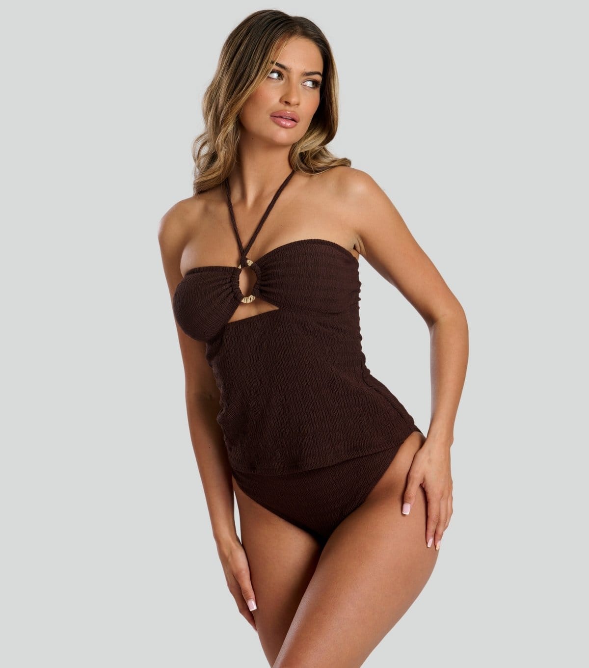 South Beach Women's Dark Brown Textured Ring Detail Tankini Top South Beach New Look - 4