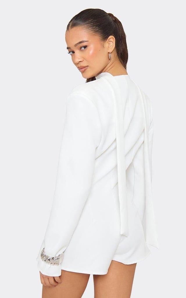 EGO Tie Neck Plunge Blazer Detail Playsuit In Cream, Women's Size UK 6 - 2