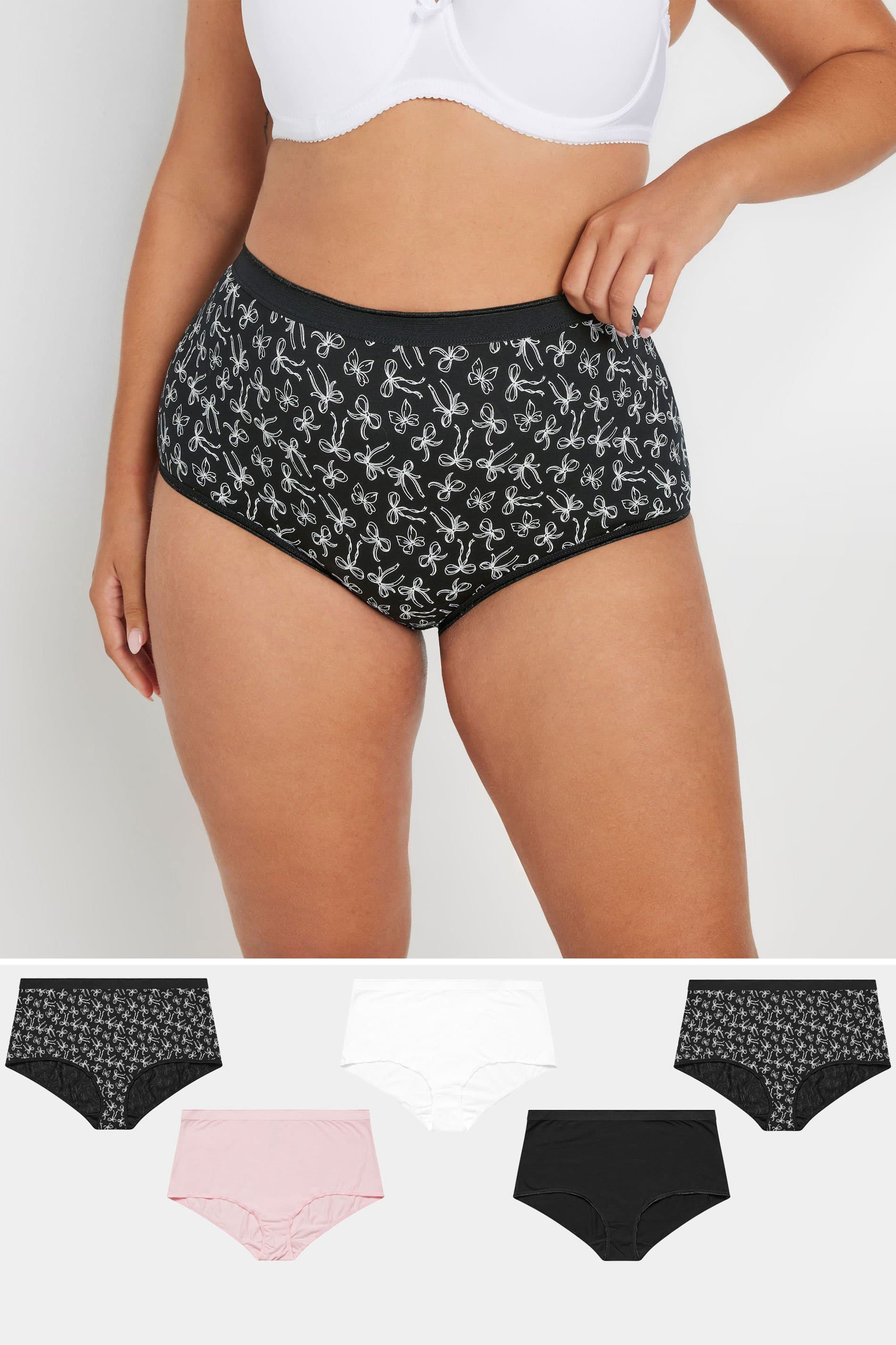 Yours 5 Pack Curve Black & Pink Bow Print Full Briefs