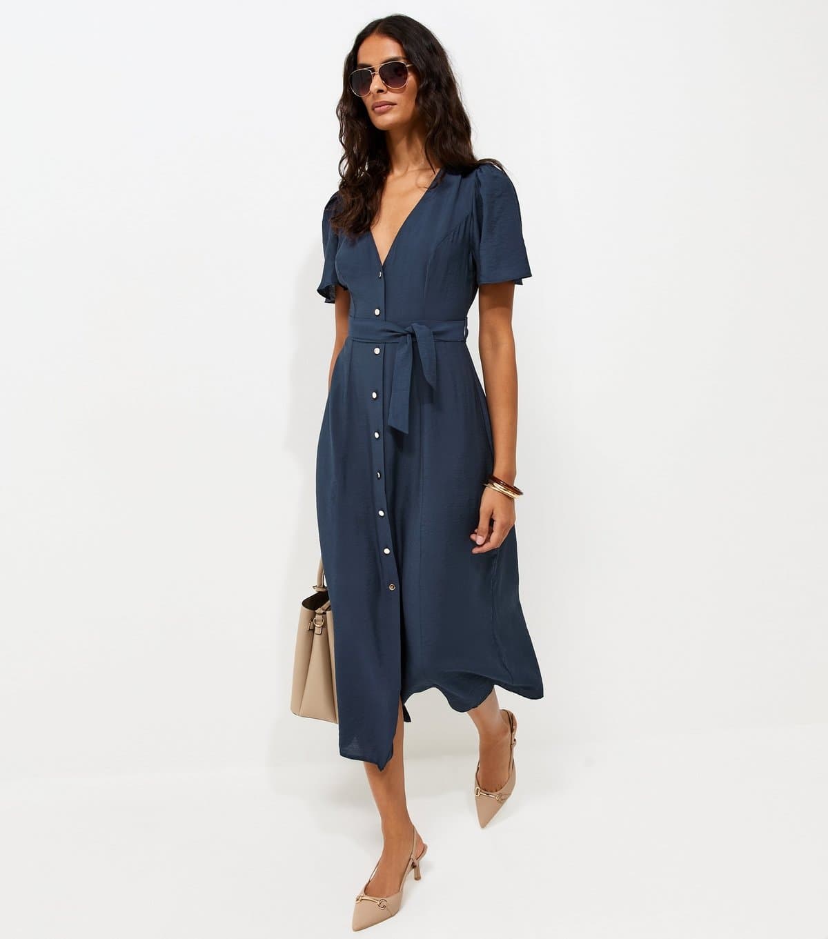 New Look Women's Navy Button Front Flutter Sleeve Midi Dress New Look