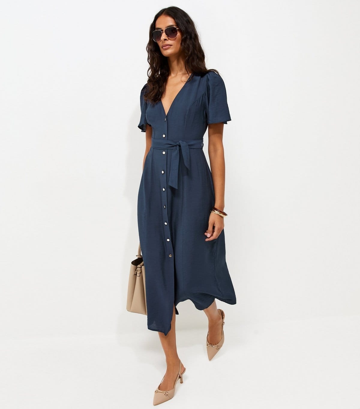 Women's Navy Button Front Flutter Sleeve Midi Dress New Look
