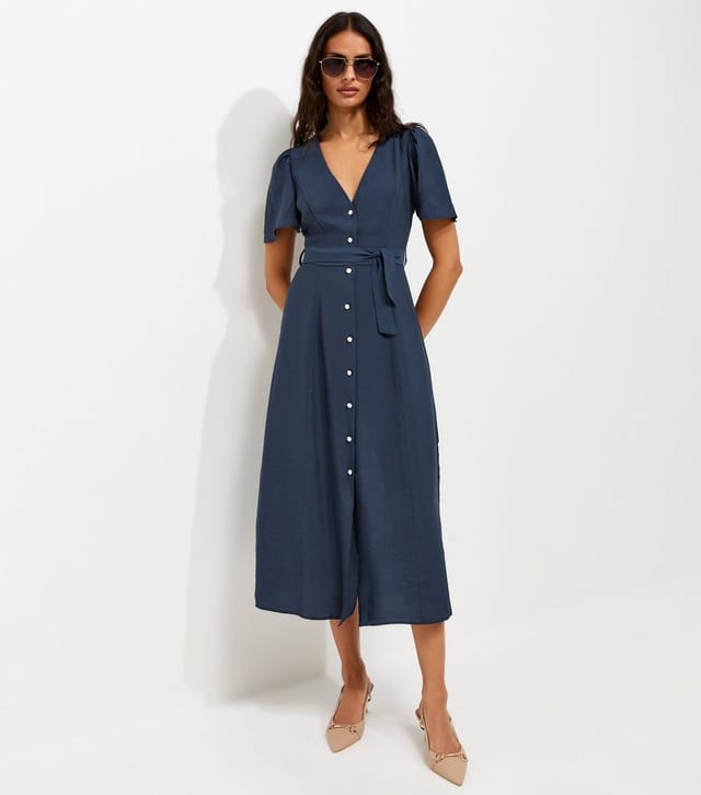 New Look Women's Navy Button Front Flutter Sleeve Midi Dress New Look - 2