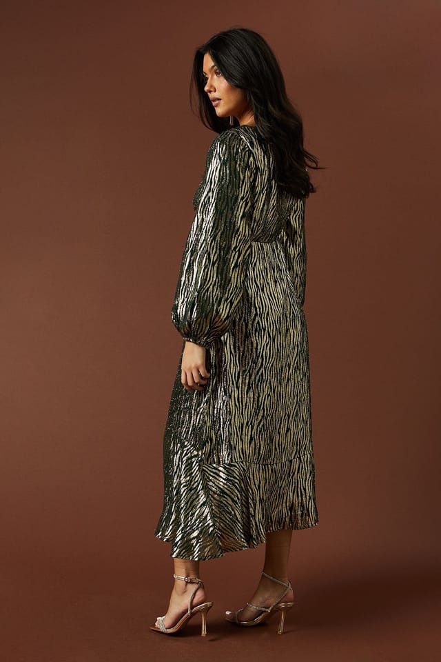 Oasis Oasis Women's Occasion Metallic Ruched Midi Dress in Green - 3