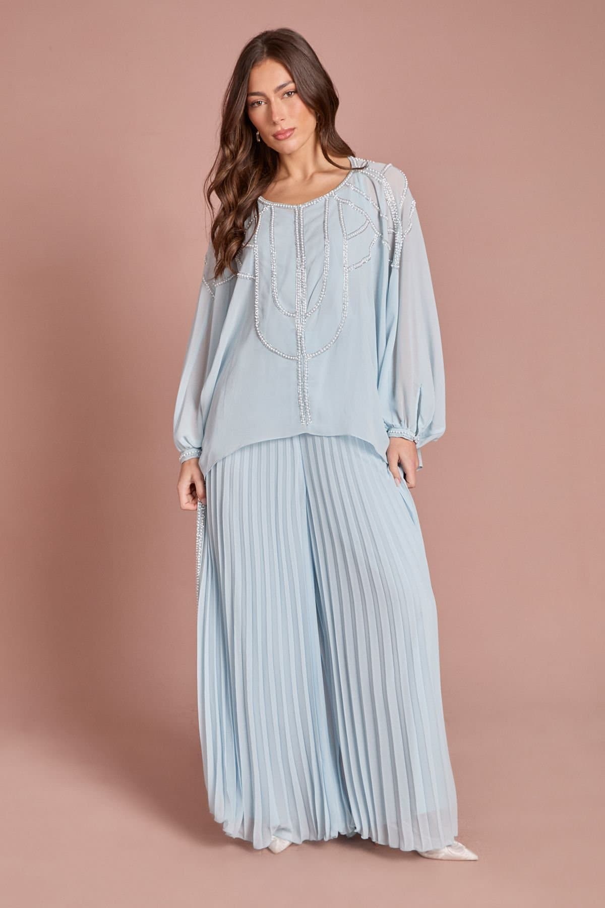 Coast Coast Women's Pearl Embellished Pleated Georgette Wide Leg Trouser in Light Blue