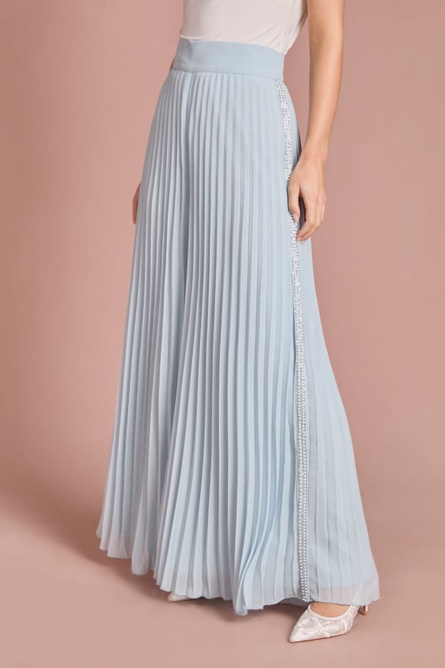 Coast Coast Women's Pearl Embellished Pleated Georgette Wide Leg Trouser in Light Blue - 2