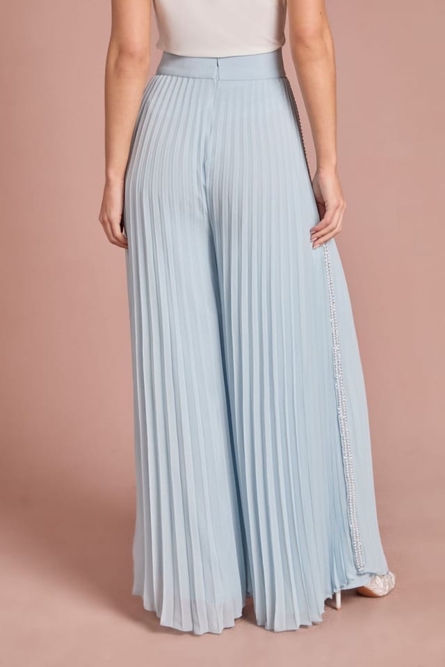 Coast Coast Women's Pearl Embellished Pleated Georgette Wide Leg Trouser in Light Blue - 3