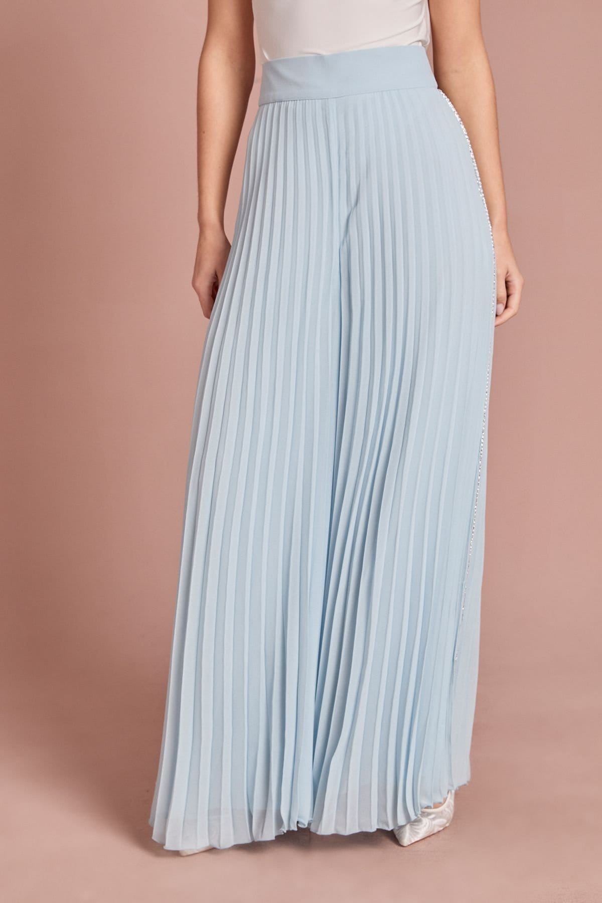 Coast Coast Women's Pearl Embellished Pleated Georgette Wide Leg Trouser in Light Blue - 4