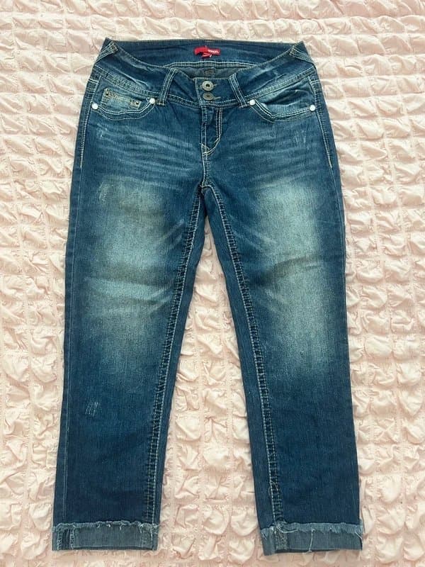 Vintage Dressing Vintage Y2K Bongo Embellished Bootcut Jeans UK 11 W28 Low Rise Blue Denim Diamanté Pocket 2000s