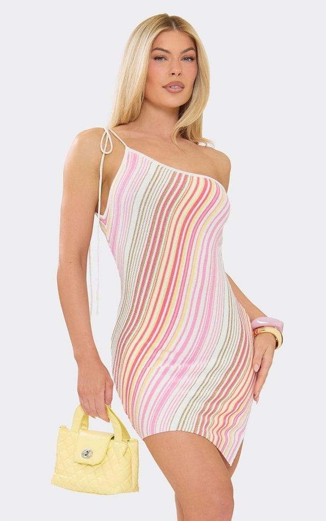 EGO One Shoulder Asymmetric Mini Dress In Pink Ombre Striped Knit, Women's Size UK L - 2