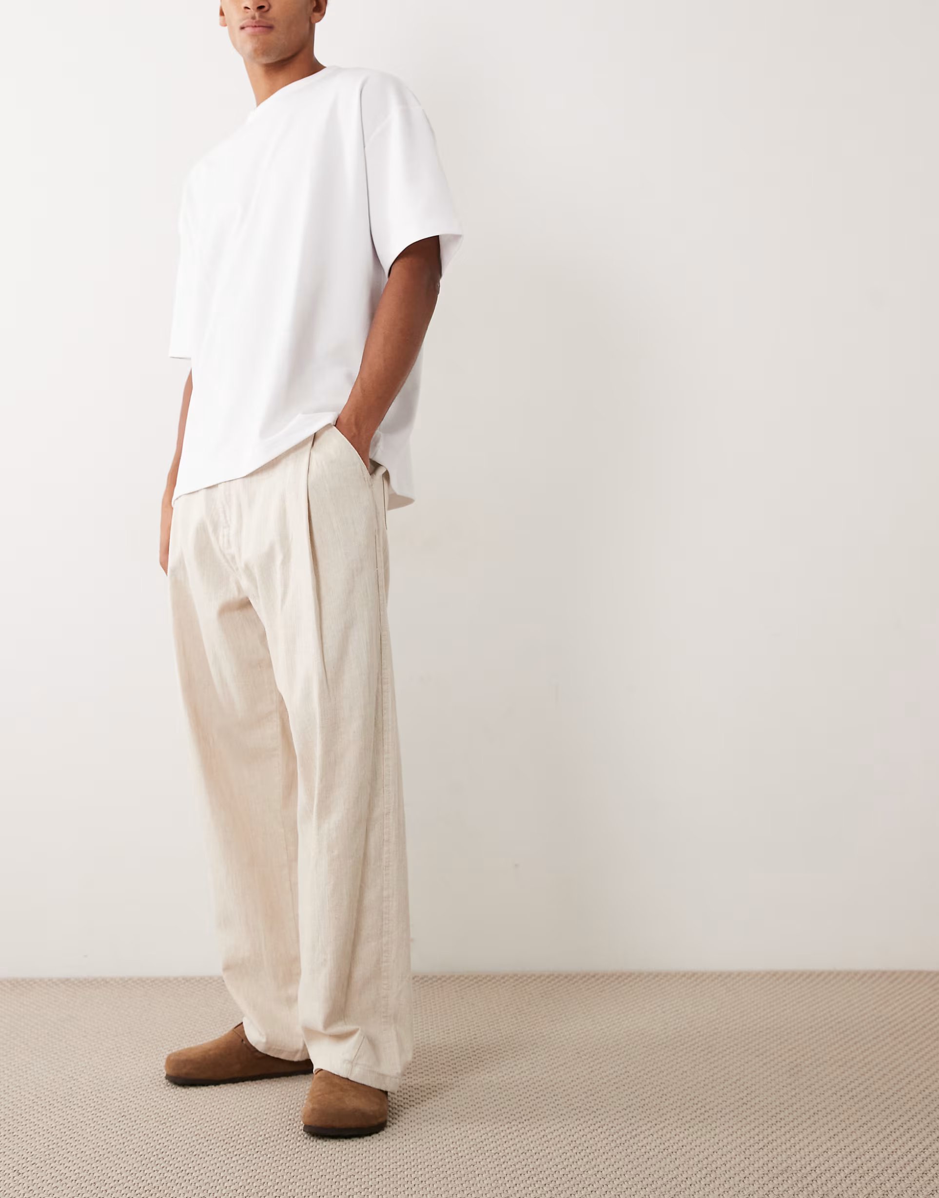 ASOS Bershka Super baggy trousers linen blend in beige - BEIGE - 1