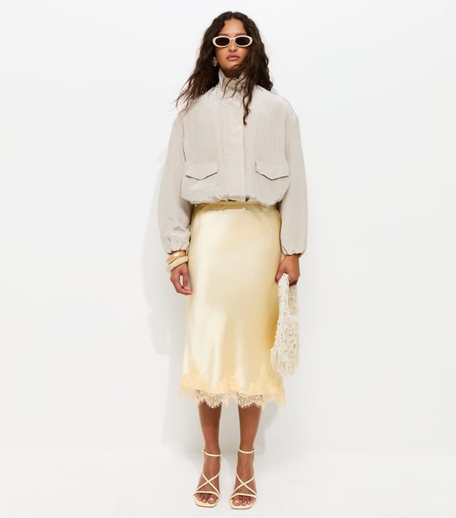 New Look Women's Light Yellow Satin Scalloped Lace Hem Midi Skirt New Look - 3