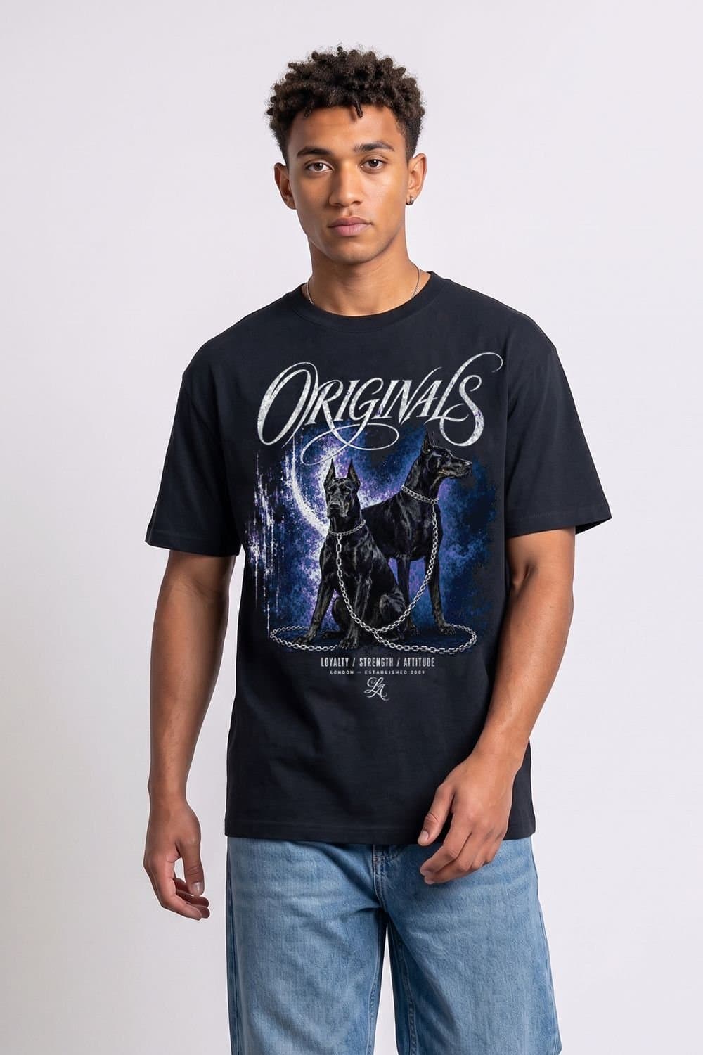 LONDON ATTITUDE LONDON ATTITUDE Men's Doberman Oversized Heavyweight Graphic T-Shirt in Black