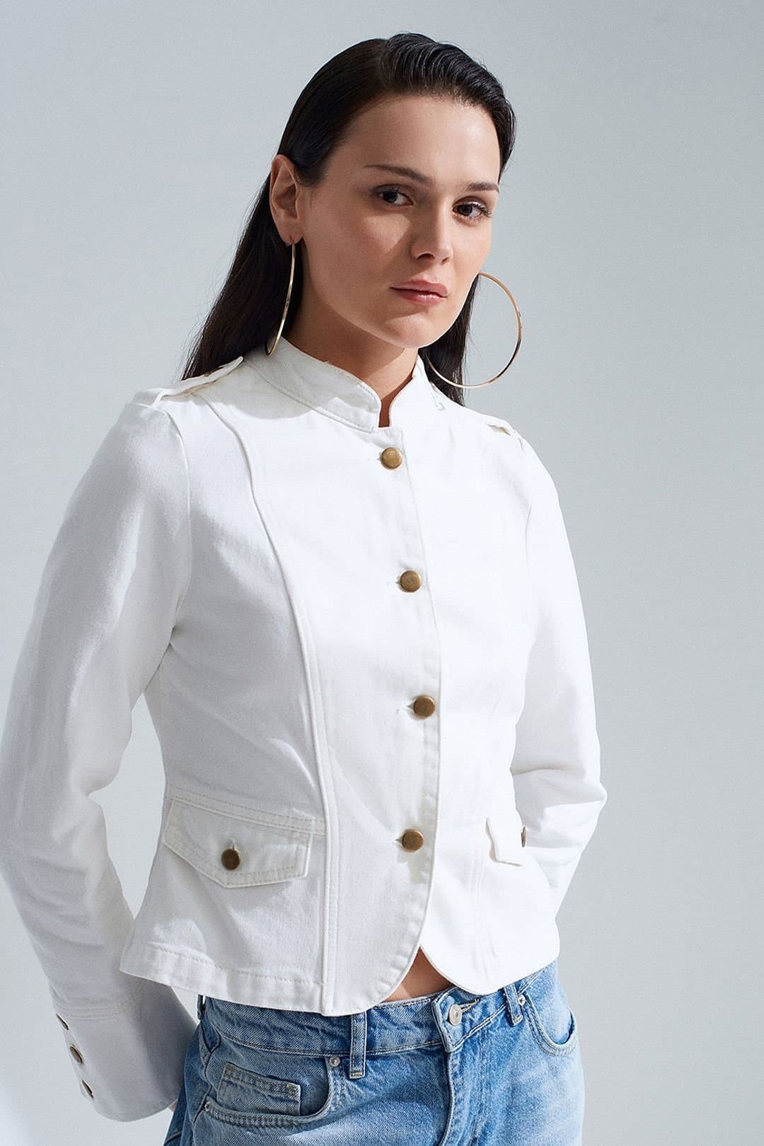 Dilvin Dilvin Women's Cotton Poplin Mandarin Collar Jacket in White