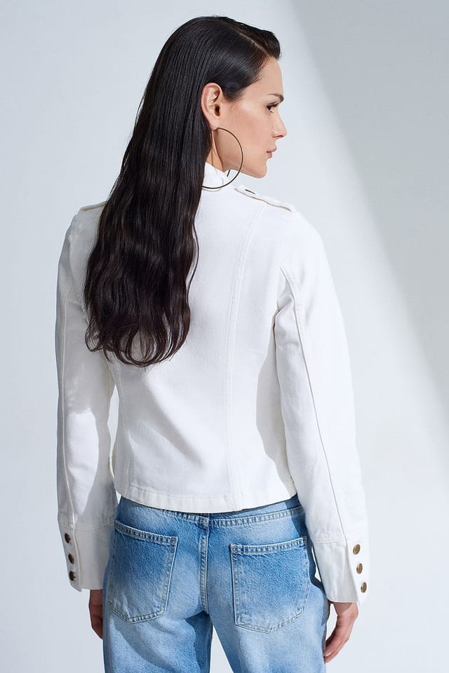 Dilvin Dilvin Women's Cotton Poplin Mandarin Collar Jacket in White - 2