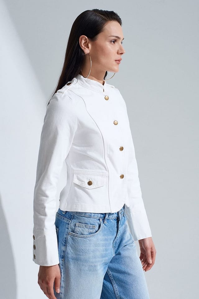 Dilvin Dilvin Women's Cotton Poplin Mandarin Collar Jacket in White - 3