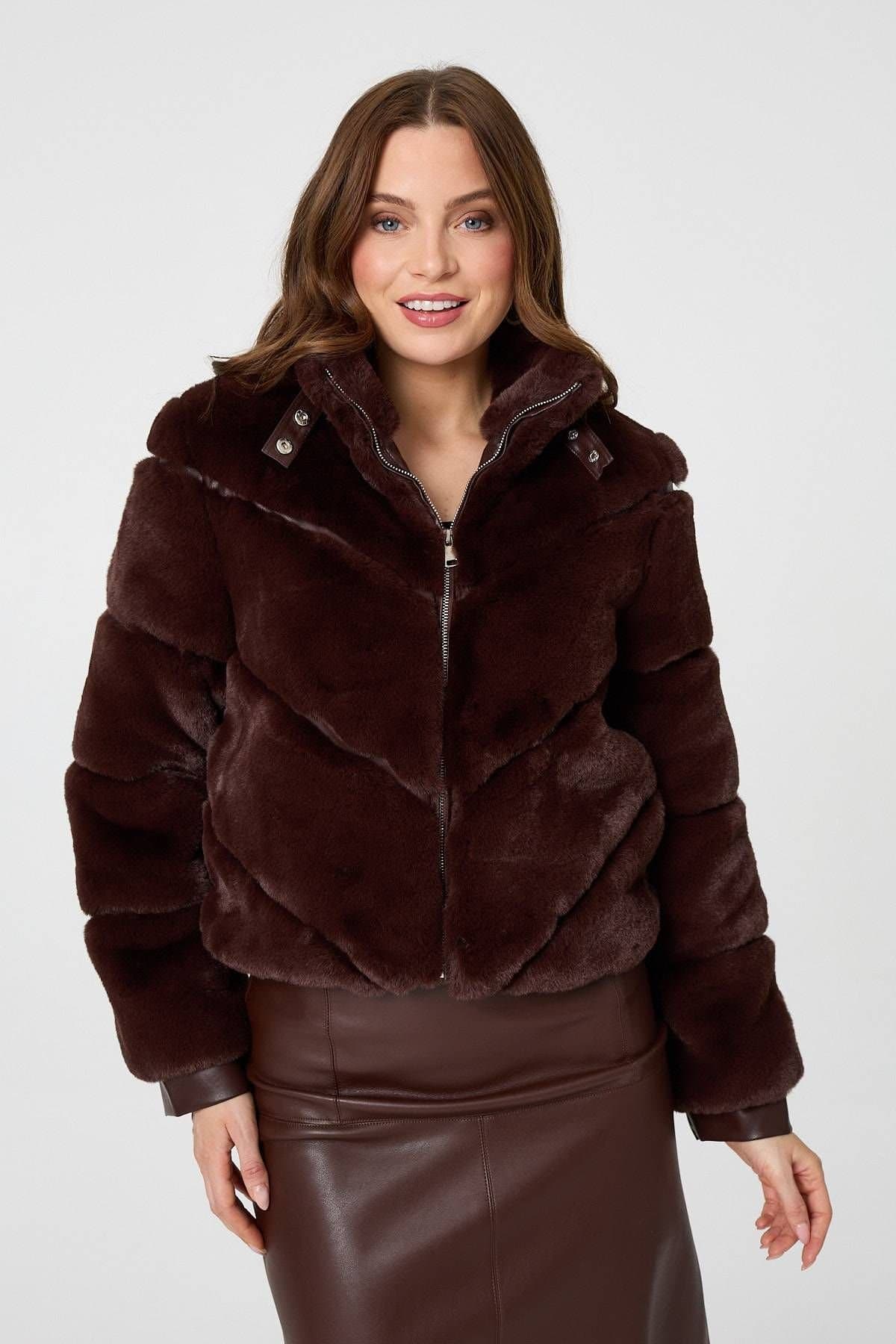 Izabel London Izabel London Women's Faux Fur Textured Zip Front Jacket in Brown