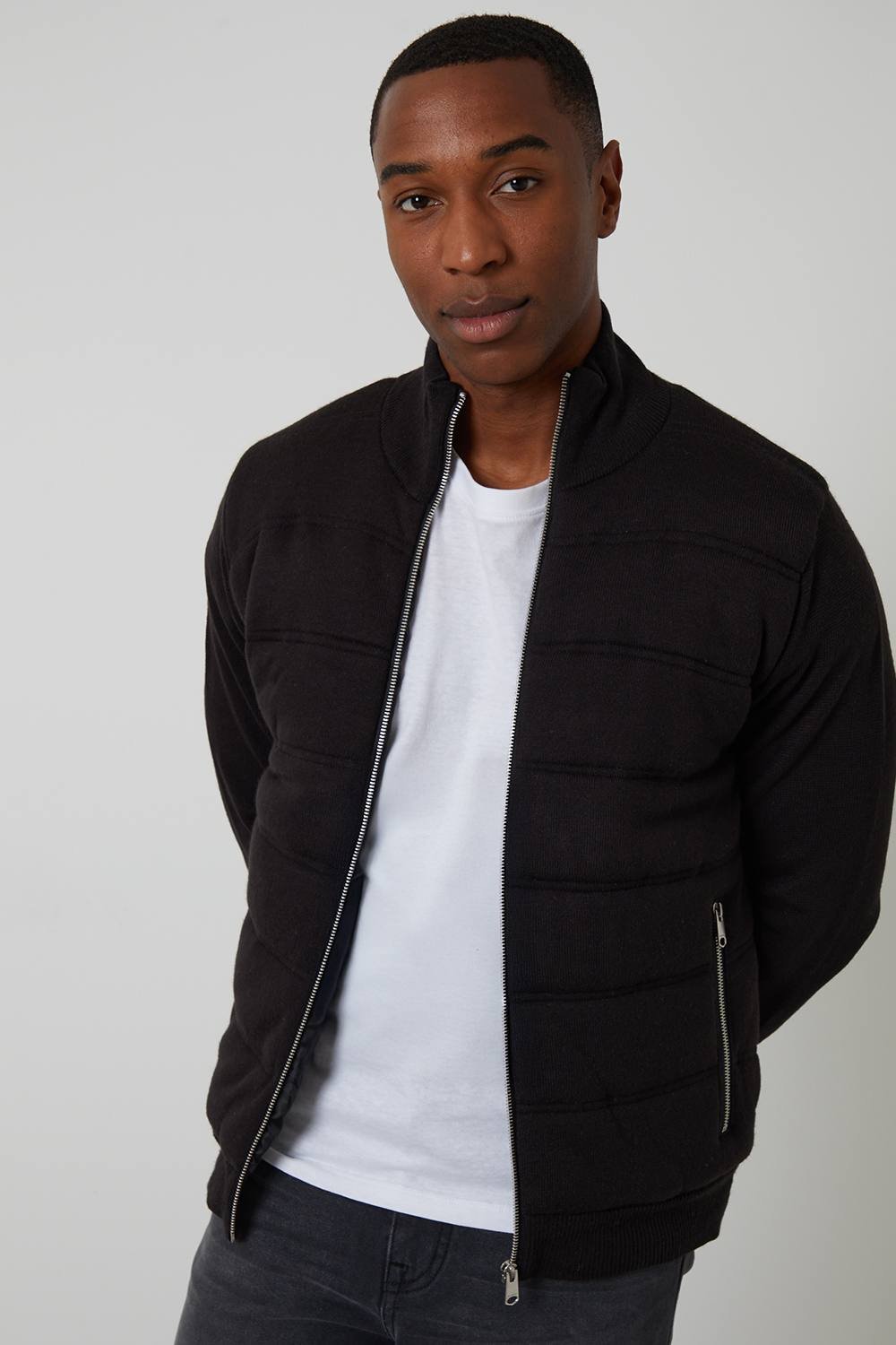 Threadbare Threadbare Men's Quilted Zip Up Knitted Jacket in Black - 2