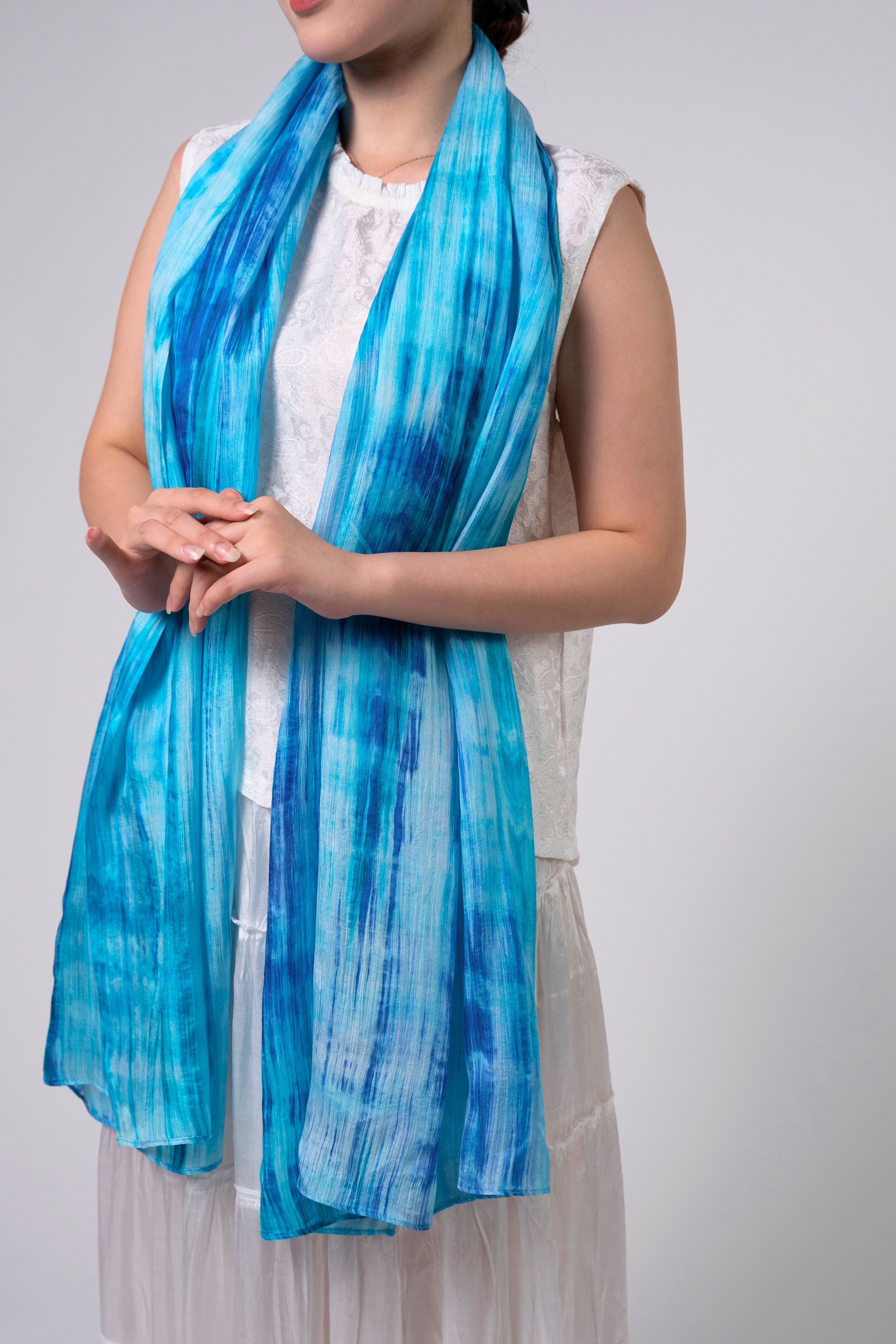 Silk and Bears Silk and Bears Women's Hand-Dyed Silk Scarf - Light Navy & Silver Brushstrokes - 100% Lightweight Mulberry Silk in Blue - 2