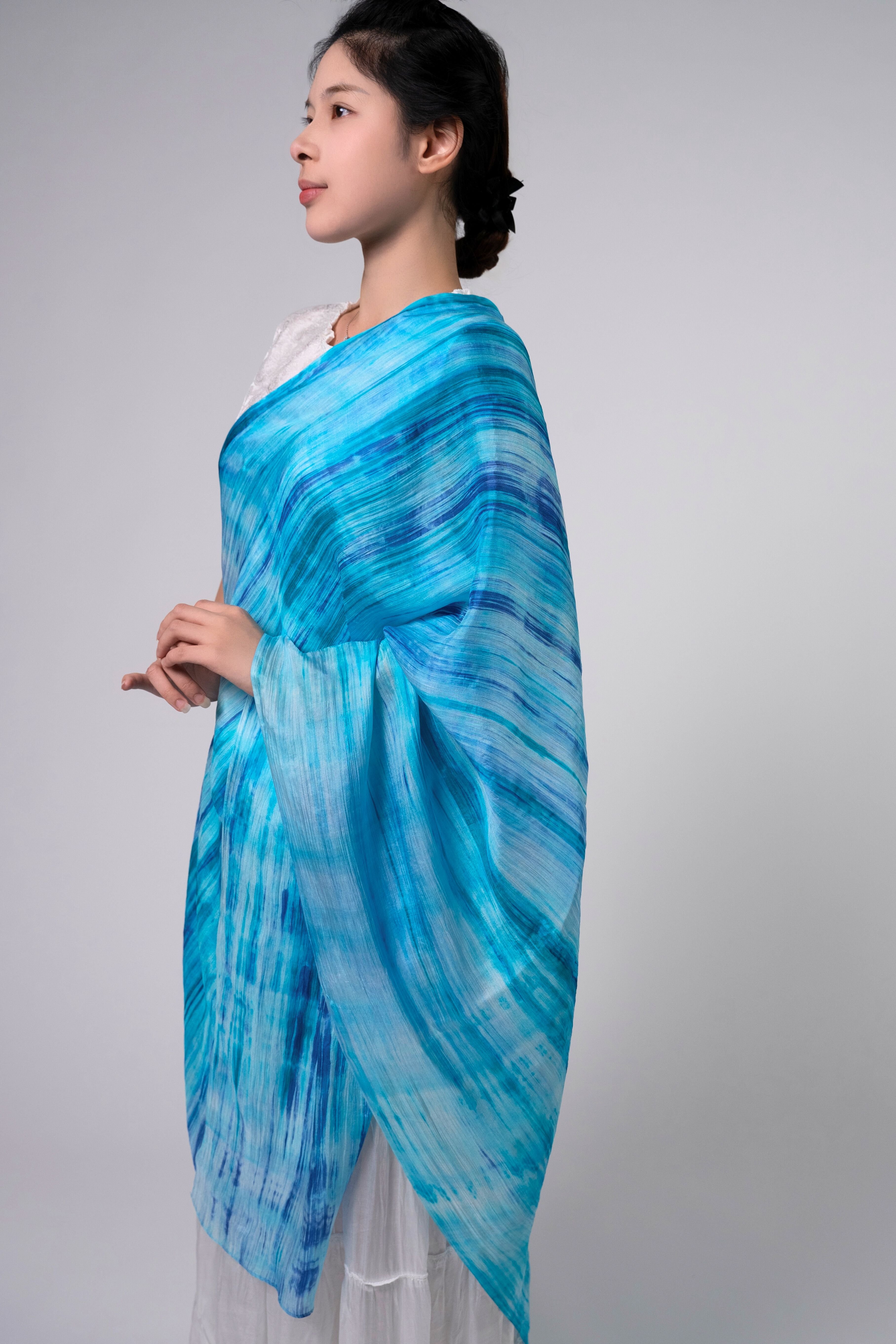 Silk and Bears Silk and Bears Women's Hand-Dyed Silk Scarf - Light Navy & Silver Brushstrokes - 100% Lightweight Mulberry Silk in Blue - 4