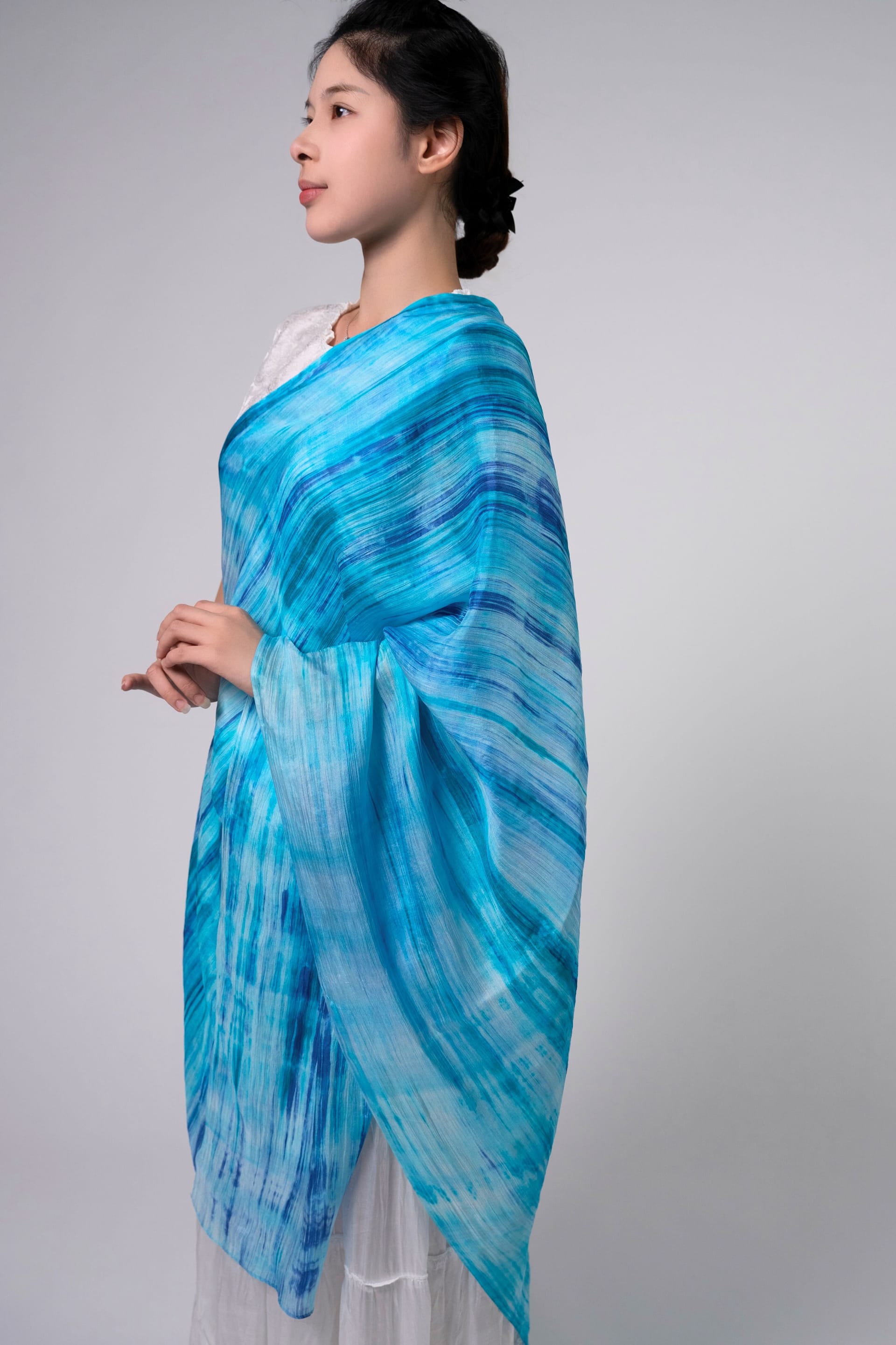 Silk and Bears Silk and Bears Women's Hand-Dyed Silk Scarf - Light Navy & Silver Brushstrokes - 100% Lightweight Mulberry Silk in Blue - 4