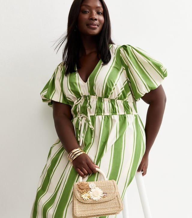 New Look Women's Plus Size Green Striped Puff Sleeve Midi Dress Curves New Look - 2