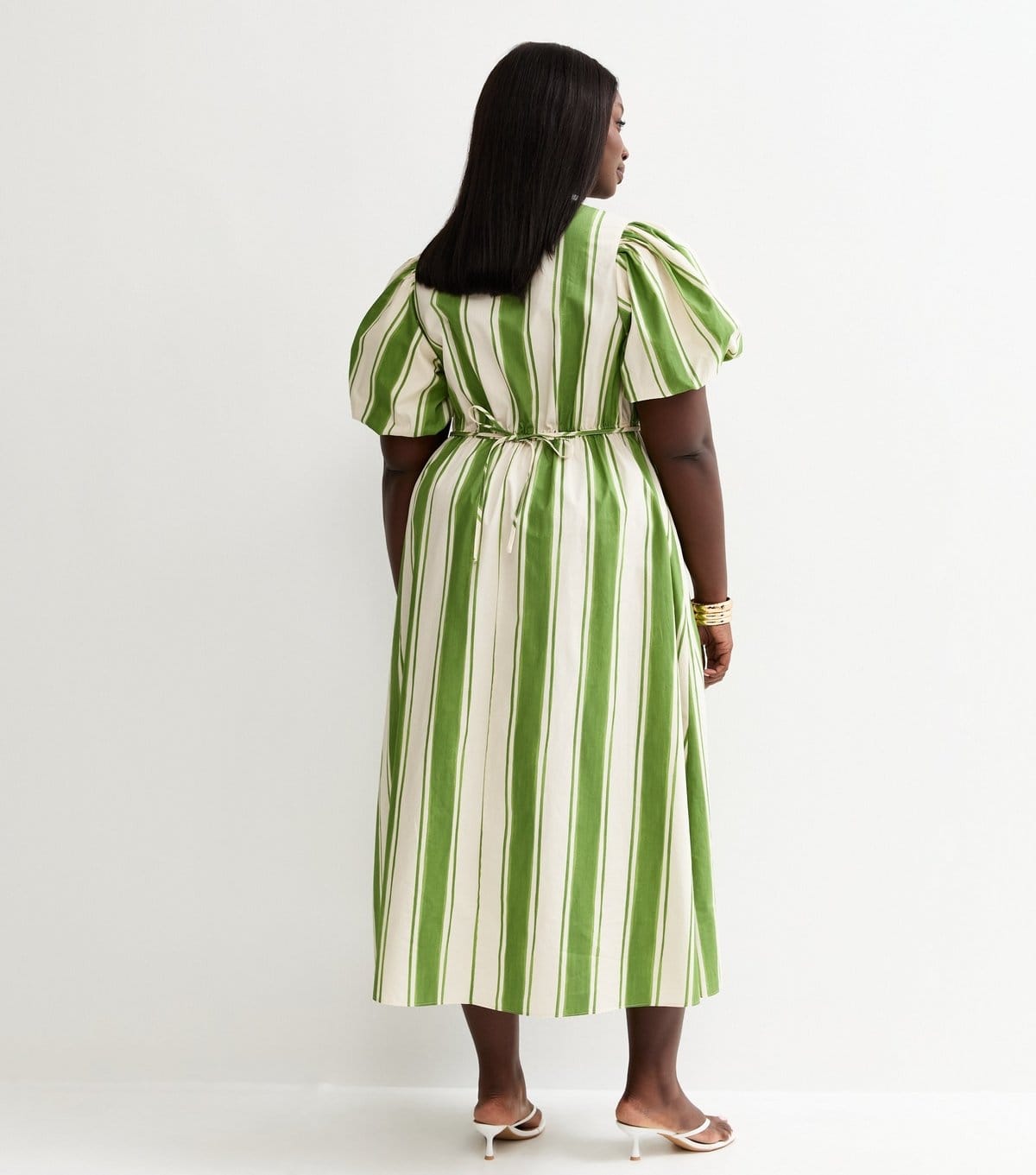 New Look Women's Plus Size Green Striped Puff Sleeve Midi Dress Curves New Look - 4