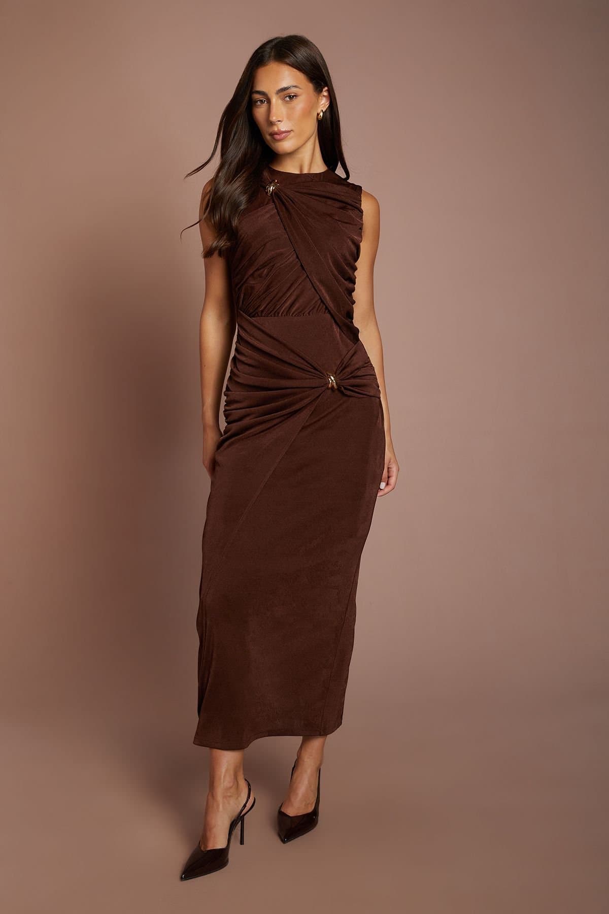 Coast Coast Women's Gold Trim Detail Sleeveless Drape Maxi Dress in Chocolate
