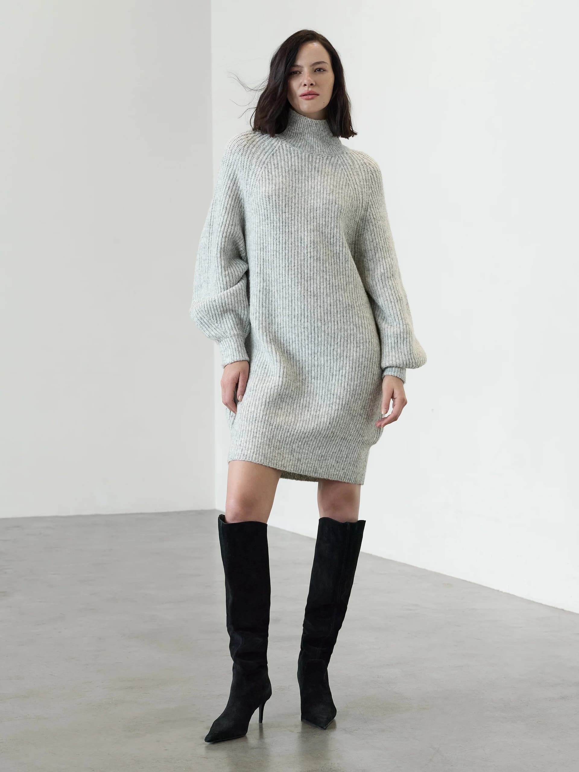 French Connection Alev Grey Funnel Neck Knit Mini Dress Soft Grey