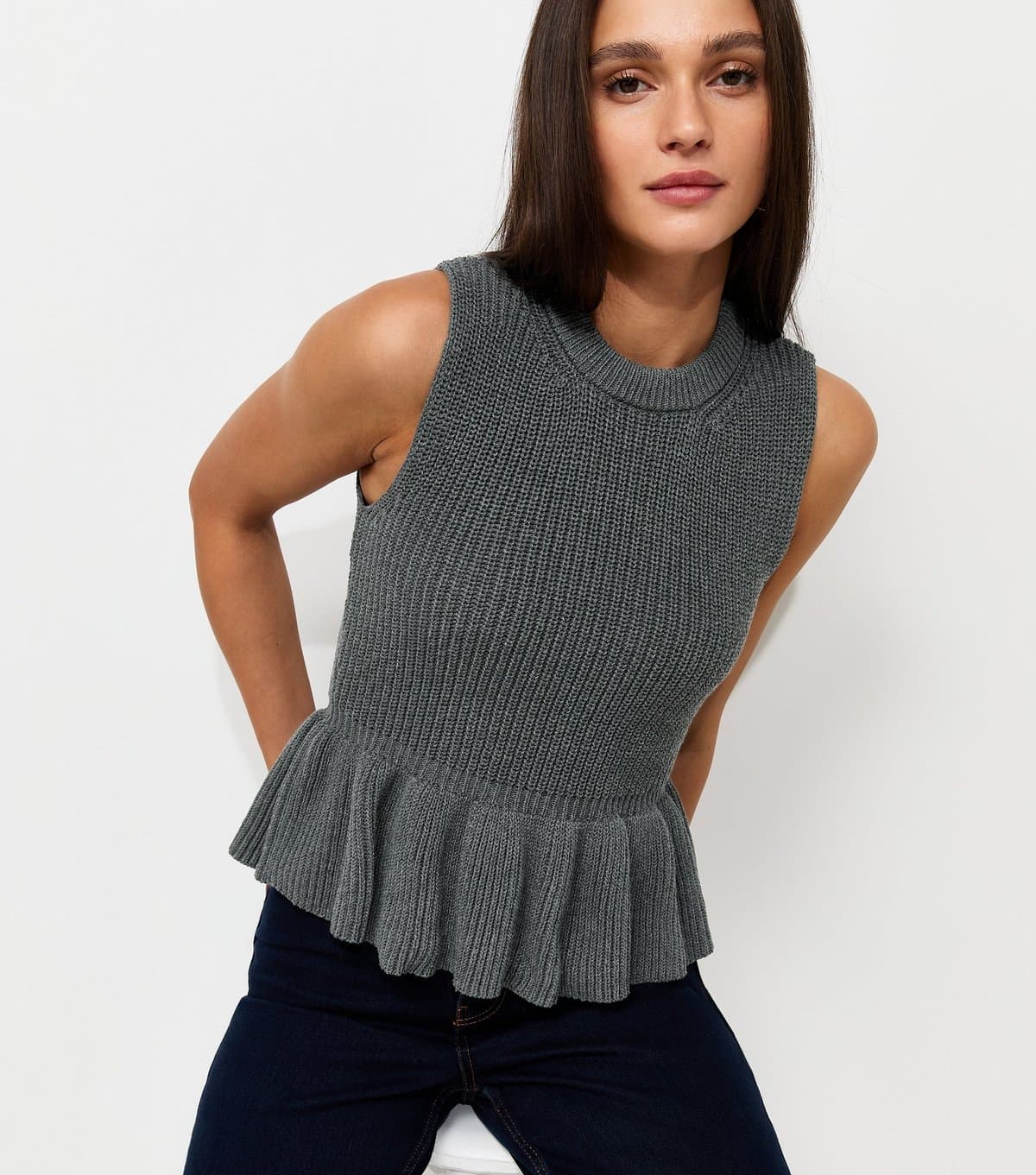 New Look Women's Dark Grey With Cotton Ribbed Knit Peplum Hem Vest Top New Look