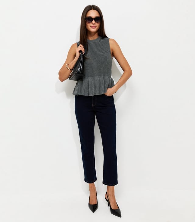 New Look Women's Dark Grey With Cotton Ribbed Knit Peplum Hem Vest Top New Look - 2