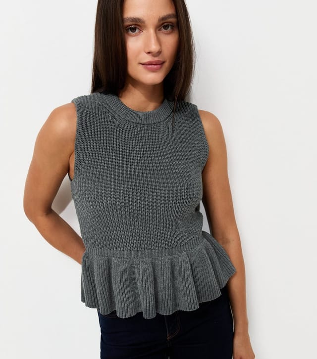 New Look Women's Dark Grey With Cotton Ribbed Knit Peplum Hem Vest Top New Look - 3